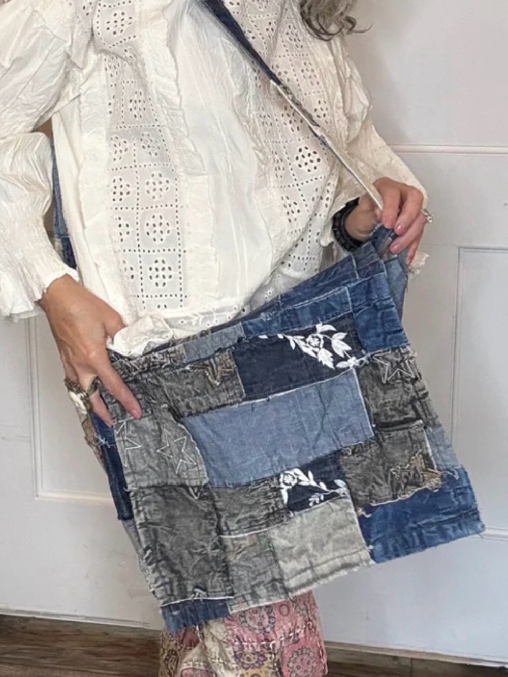 Patchwork Denim Crossbody Bag in Mixed Blue and Brown